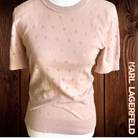 Karl Lagerfeld Blush Pink Short Sleeve Top w/ 💐 embroidered on back - Picture 4 of 9